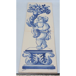 Vintage Hand Painted Portuguese Decor Tiles Azulejos "Cherub " Signed Lisboa